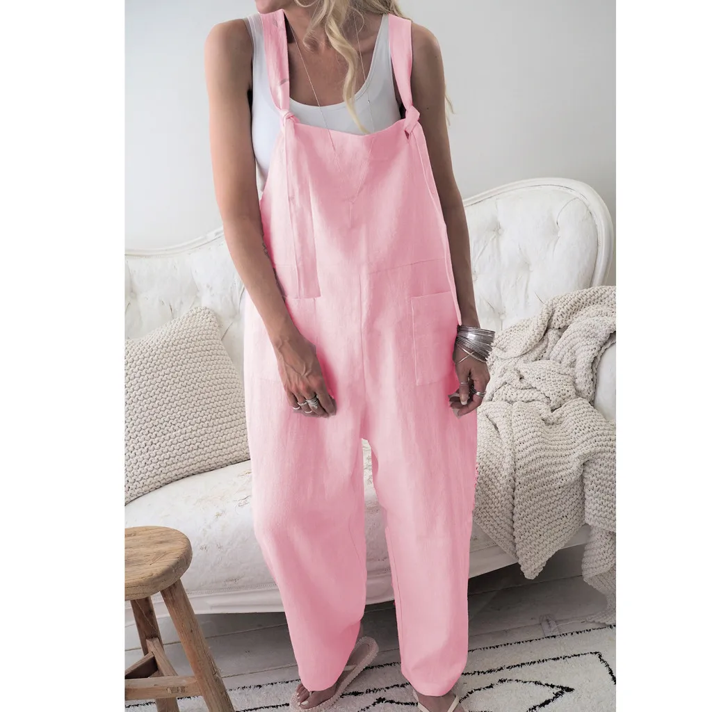 

Women Overalls 2019 Sleeveless Casual Button Solid Cotton Linen Jumpsuits Long Trouser with Pockets Plus Size Romper#J30