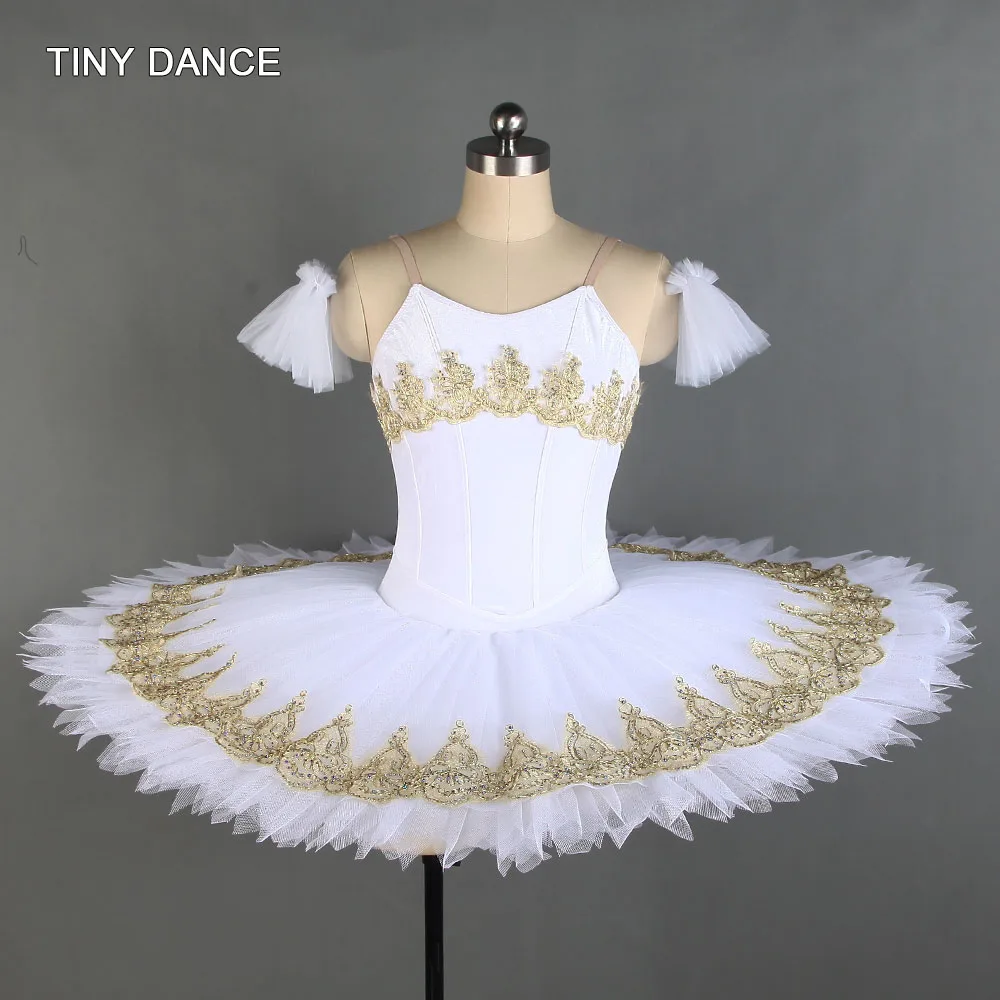 

Classical White Velvet Professional Ballet Dance Tutu with Gold Trim Ballerina Costume Girls Pleated Tulle Pancake Tutus BLL131