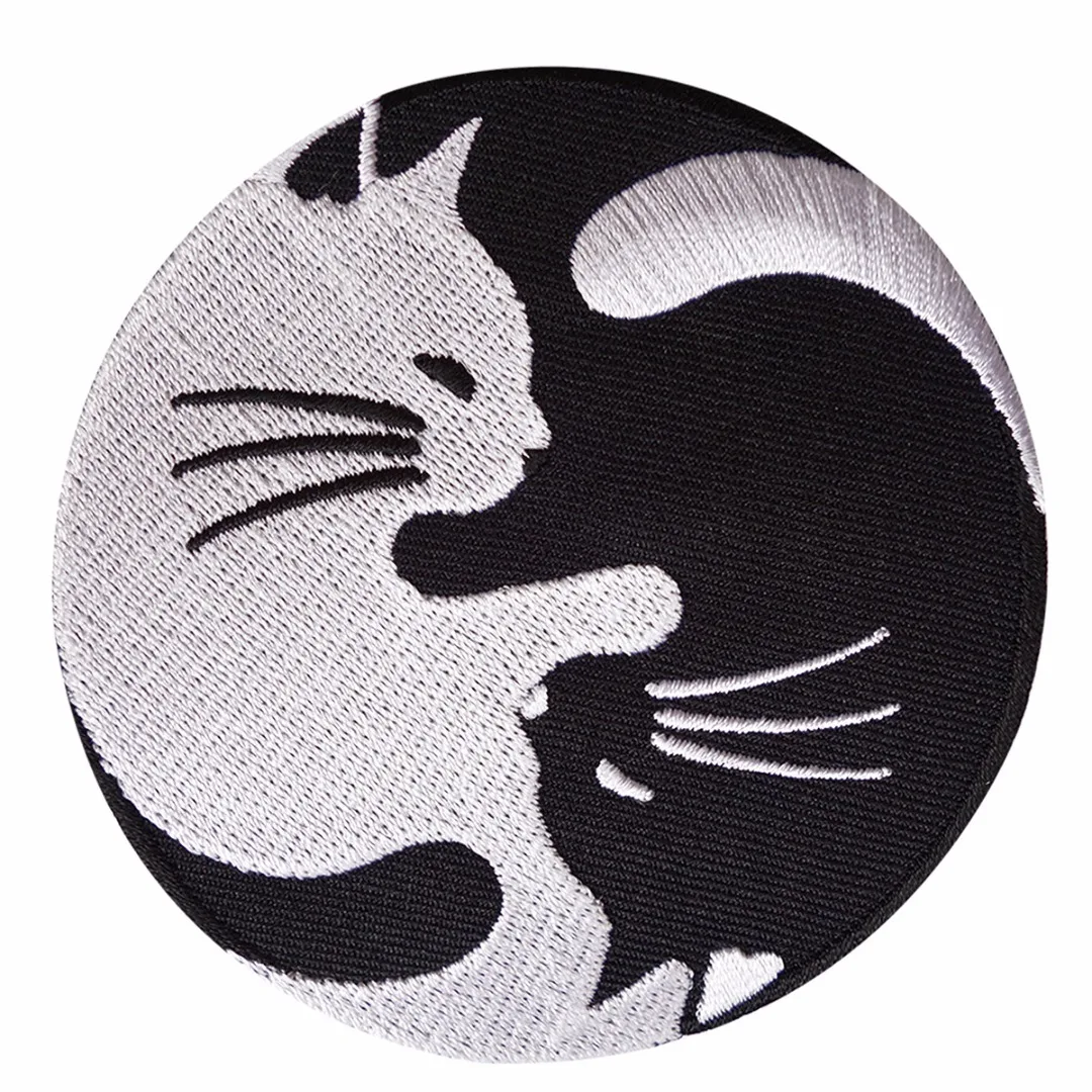 New Yin Yang White Black Cat Sew Iron On Patch Badge Hat Jeans Fabric Applique 80*80mm