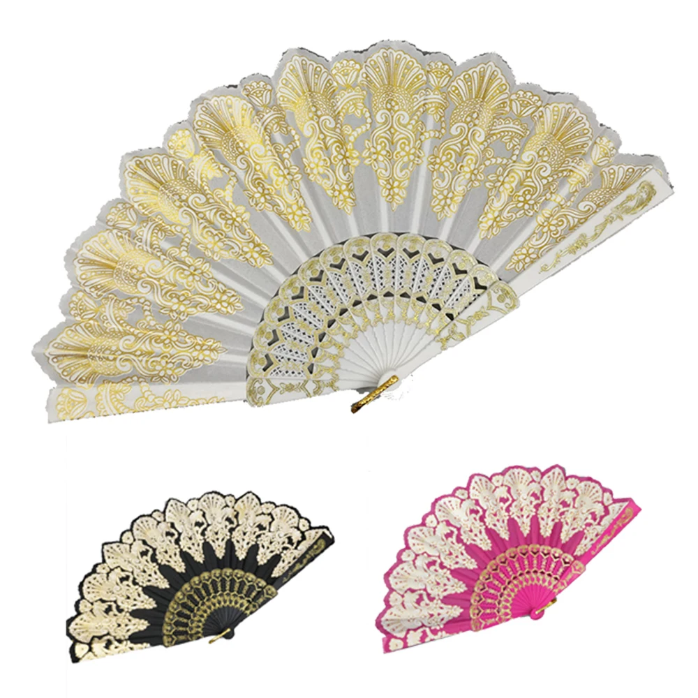 Fashion Handheld Folding Fan Fabric Floral Plastic Sequins Peacock Lace