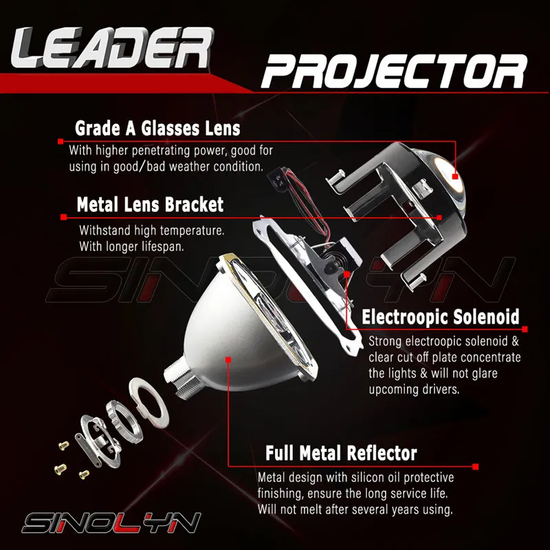 Lente do Farol Kit para h7 Sinolyn Anjo Olhos Bi-xenon Lente 2.5 Projetor h1 Hid Halo Diabo h4 Carros Acessórios Retrofit Estilo 7 Sinolyn anjo olhos bi-xenon lente 2.5 projetor
