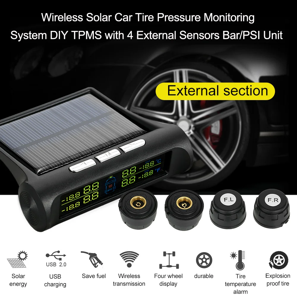 Wireless Solar Car Tire Pressure Monitoring System DIY font b TPMS b font with 4 External