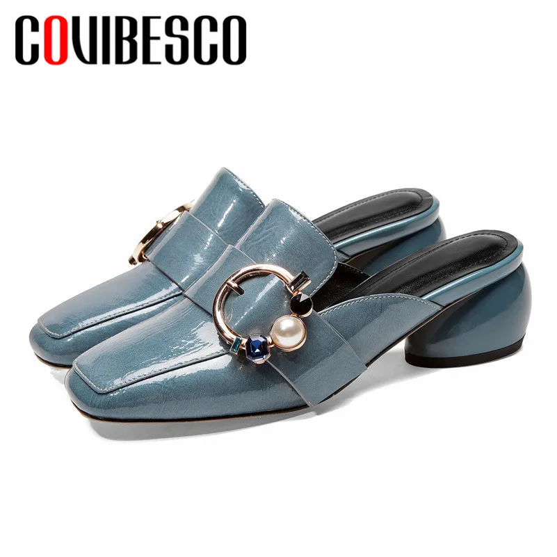 

COVIBESCO Fashion Solid Genuine Leather Shallow Slip On Mules Square Toe Women Pumps Buckle Pearl Decoration Summer Shoes Woman