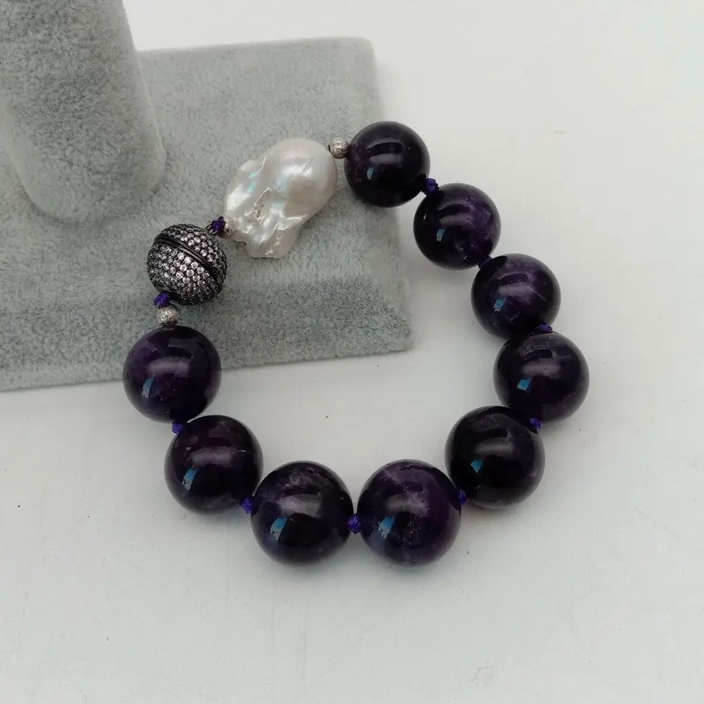 

Women's White Keshi Pearl Bracelet 16mm Round Purple Ametyst Bracelet 8