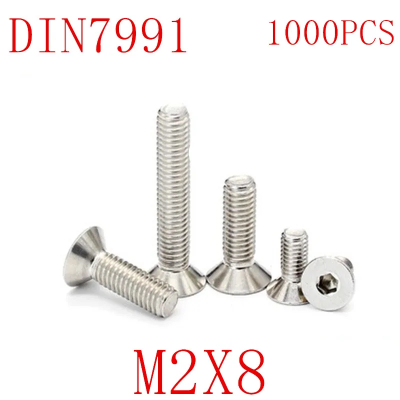 1000 шт./лот DIN7991 m2x8 M2 * 8 304 Нержавеющая сталь A2 плоские винты с шестигранной головкой