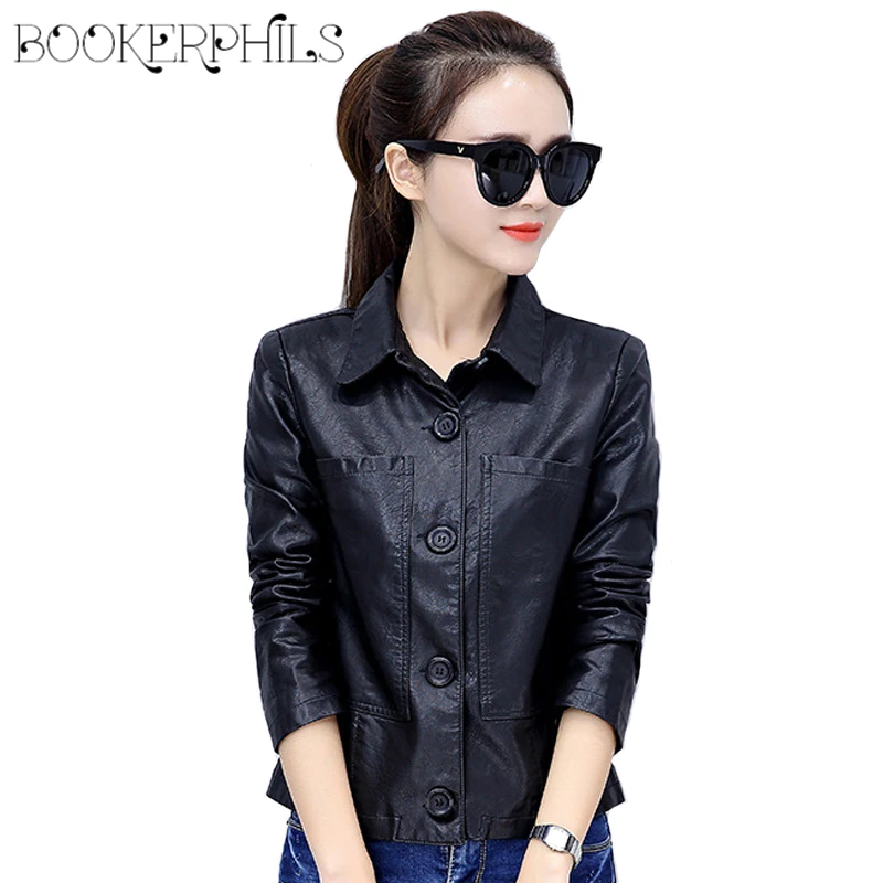 

2019 Soft Pu Leather Jacket Plus Size Turn Down Collar Short Women's Jackets Spring Autumn Zipper Outerwear Women's Coats M-4XL