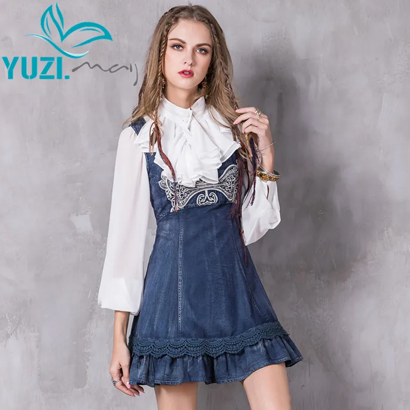 Летнее женское платье Yuzi. may Boho новые джинсовые платья с цветочной вышивкой и О-образным вырезом с высокой талией кружевные Многослойные А-образные сарафаны A8215