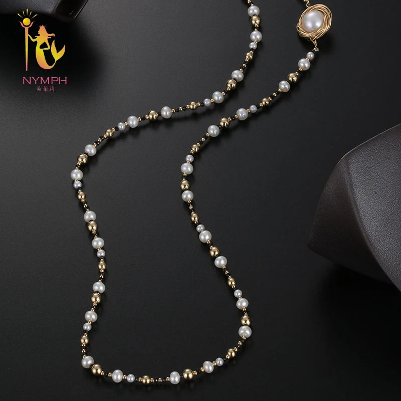 

[NYMPH] Fine Jewelry Long Pearl Necklace Natural Pearl Sweater Chain Near Round Anniversary Gift Black Onyx X327