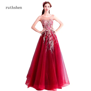 

ruthshen High quality Elegant Embroidery evening dresses long Tulle Illusion Sexy Lace Beading Party Prom Dress Robe De Soiree