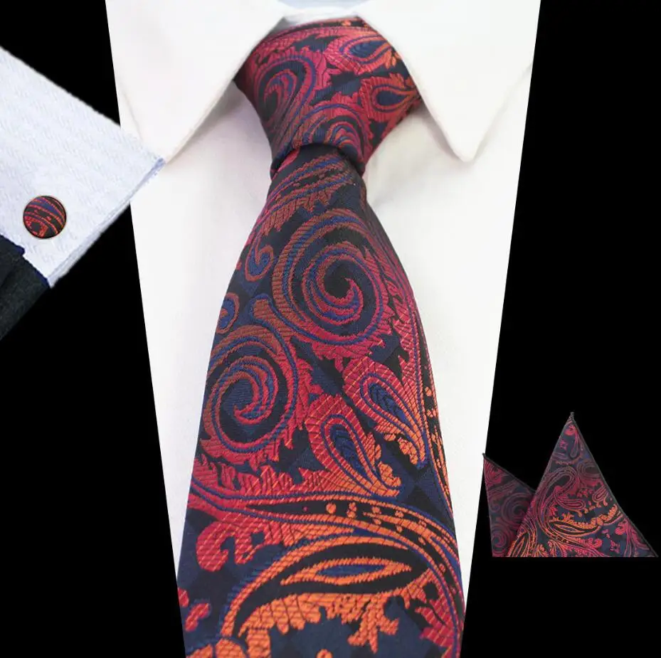RBOCOTT модный галстук синий Пейсли& Цветочный шейный платок мужской 8 см галстук, носовой платок, запонки набор плед& точка красный свадебный галстук коричневый - Цвет: 19