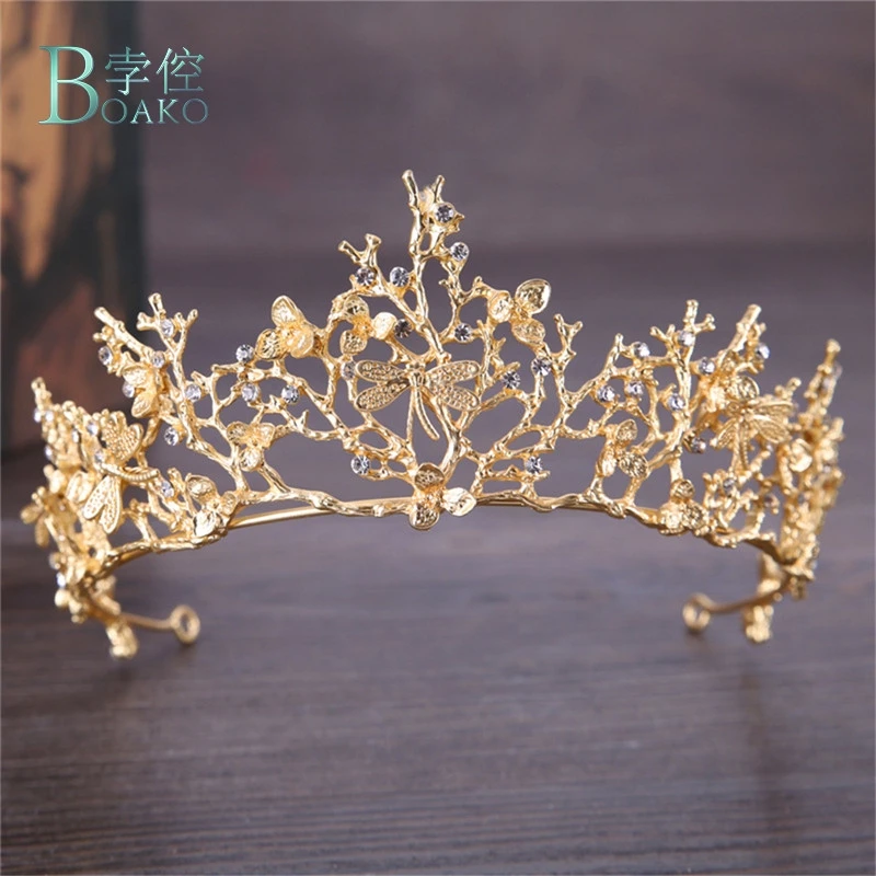 

BOAKO New Luxury Baroque Hollow Gold Dragonfly Headbands Gold Hair bands Crown and Tiaras Wedding Women Hair accessories