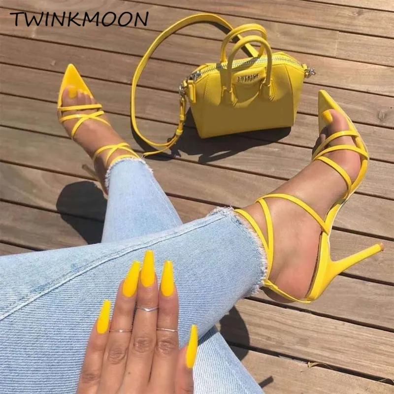 

Wholesale 35-42 Plus Size Pointed Toe Sandals Stiletto Gladiator High Heels Women Shoes Thin Ankle Strap Sandalias Mujer 2019