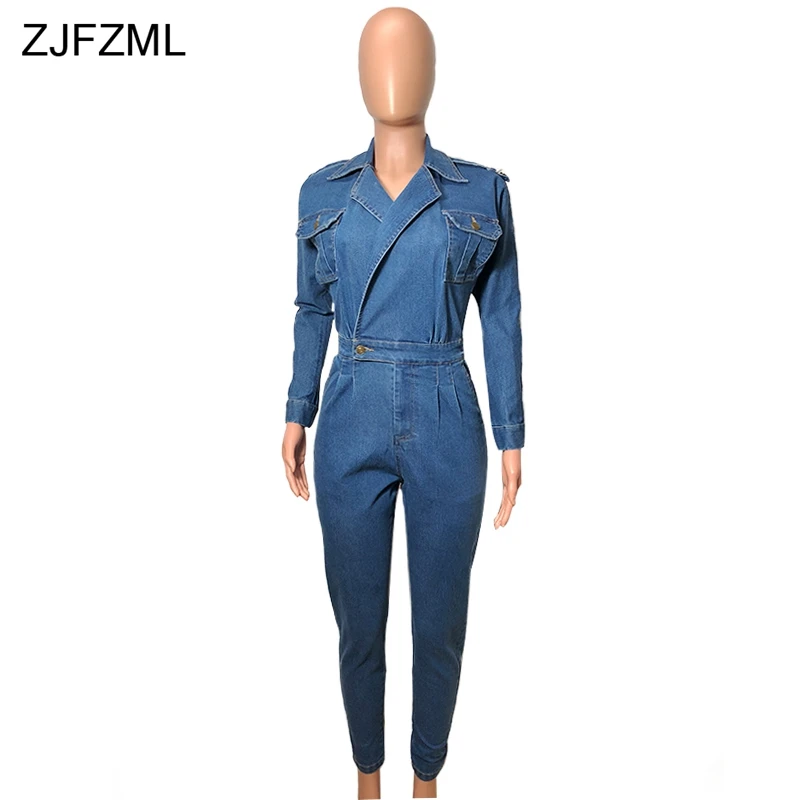 Turn-Down Collar Sexy Denim Jumpsuit 2018 Women Blue Deep V Neck Long Sleeve One Piece Overall Vintage Ladies Pockets Bodysuits 
