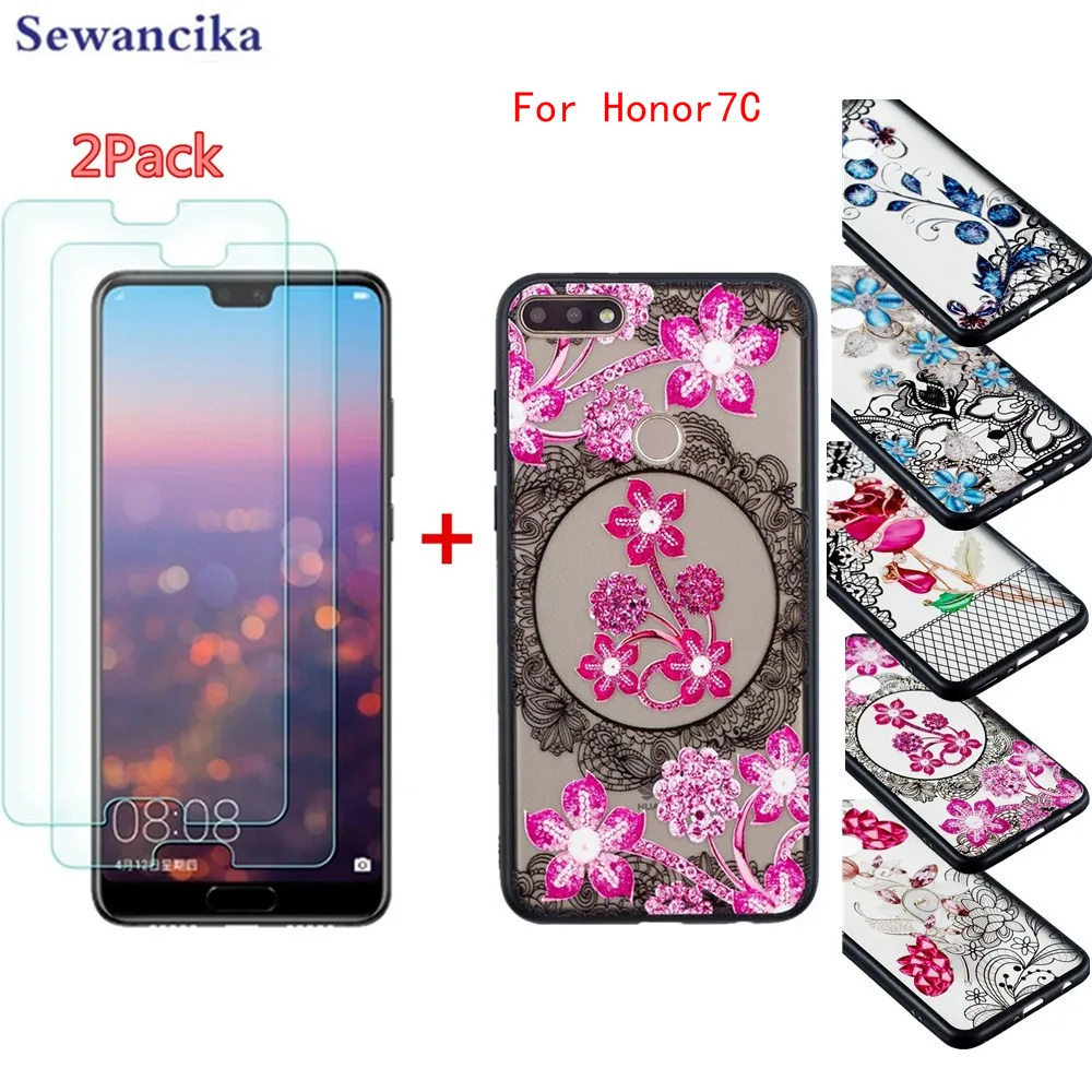 Phone case for Huawei Honor 7C (5.99&quot) /Enjoy 8 Hard PC+ TPU Bumper cover (1 Case+ 2pcs Tempered glass) 3D Plum blossom pattern |
