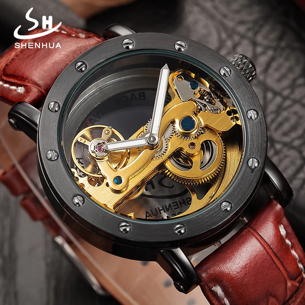 

Transparent Hollow Mechanical Watches Top Brand Luxury Automatic Black Watch Men Clock Skeleton Leather Men's Wristwatches reloj