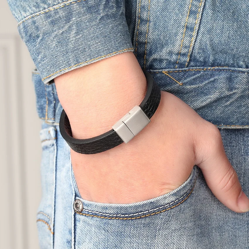 XQNI Stainless Steel Genuine Leather Bracelets For Men Retro Style 12MM Snake Chain Magnet Design Bracelet For Men Birthday Gift