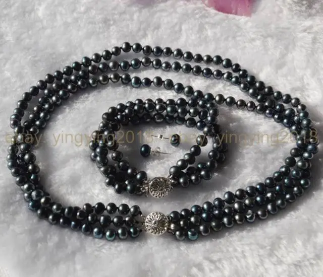 

hot Free shipping PRETTY! 3 ROW BLACK AKOYA CULTURED PEARL NECKLACE BRACELETS EARRINGS JEWELRY SET (A0423) -Bride jewelry free s
