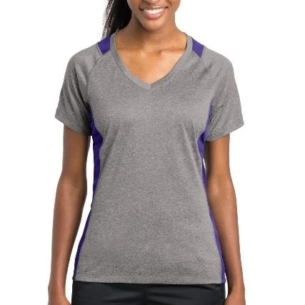 Sport-Tek LST361 Ladies Heather Colorblock Contender V Neck Tee Vintage Heather & Purple - Large (1)