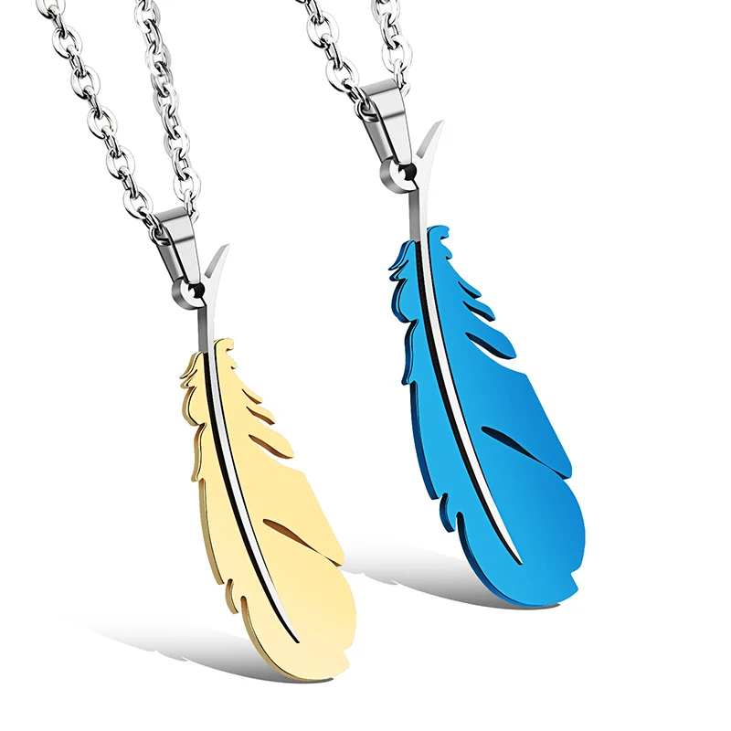 

2018 Lovers Fashion Gold Blue Feather Pendants Necklace Titanium Stainless Steel Chain Perfect Punk Gift Drop Shipping