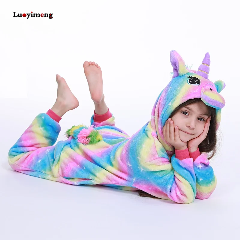 2020 Boys Girls Kigurumi Unicorn For Children Pajamas Winter Animal Flannel Hoodie Pyjama Kids Sleepwear Panda Unicornio Costume