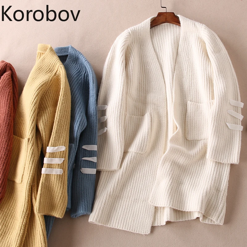 

Korobov Autumn Winter Women Open Stitch Sweater Ribbon Drawstring Patchwork Cardigans Korean Pockets Sueter Mujer 78637