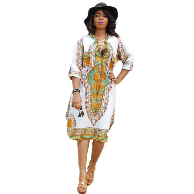 Robe africaine pour les Femmes 2017 Blanc Dashiki Mode Sexy Robe Africaine Tranditional Col En V