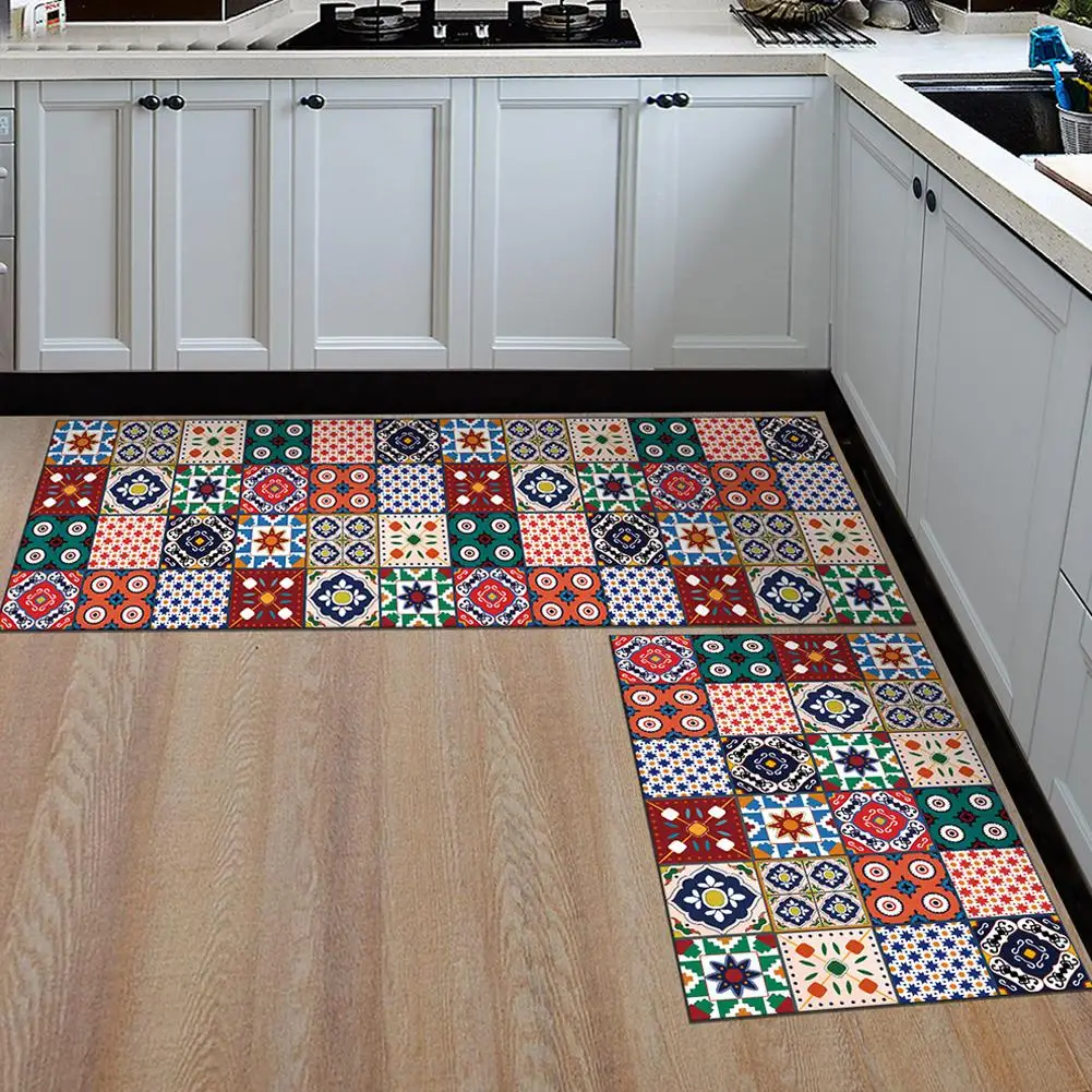 

DSstyles 2Pcs Rectangle Nonslip Printing Carpets Floor Mats Rug for Kitchen Bedroom Bedside