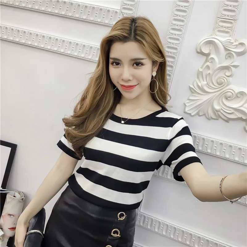 New Fashion Women T Shirts O-Neck zebra-stripe Tees Sexy Backless Lady Knitted Tops Female Retro Girl Casual Slim Tee | Женская одежда