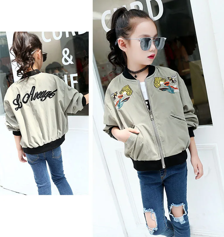 Jacket For Girls Fashion Army Green Embroidery Flower And Bee Coat Children 2017 Beautiful Bomber Jacket Kids Pretty Girls Coat HTB1vQ8QSVXXXXXrapXXq6xXFXXXR - Jacket For Girls Fashion Army Green Embroidery Flower And Bee Coat Children 2017 Beautiful Bomber Jacket Kids Pretty Girls Coat