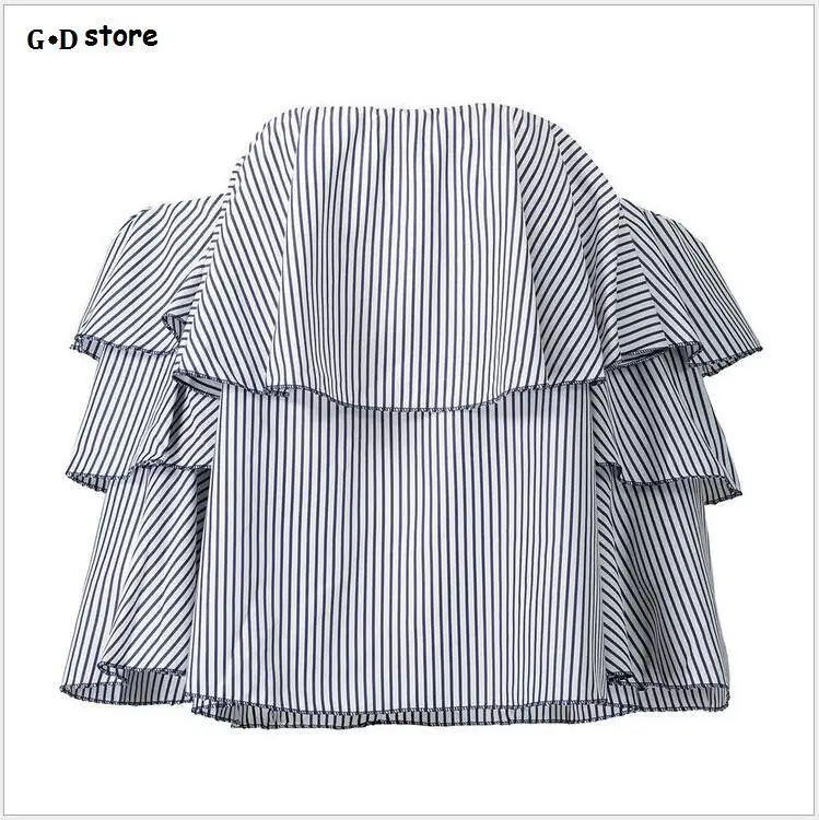 

Spring Women Tops 2017 Fashion Off Shoulder Ruffle Blouse Tunic Top Blue Striped Blouses And Shirts Women Sexy Cold Shoulder Top