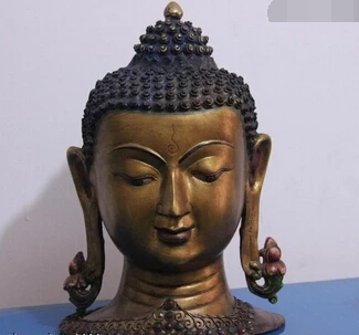 

bi003660 11 Tibet Buddhism Pure Bronze Copper gild inlay Gem Sakyamuni Buddha Head Statue