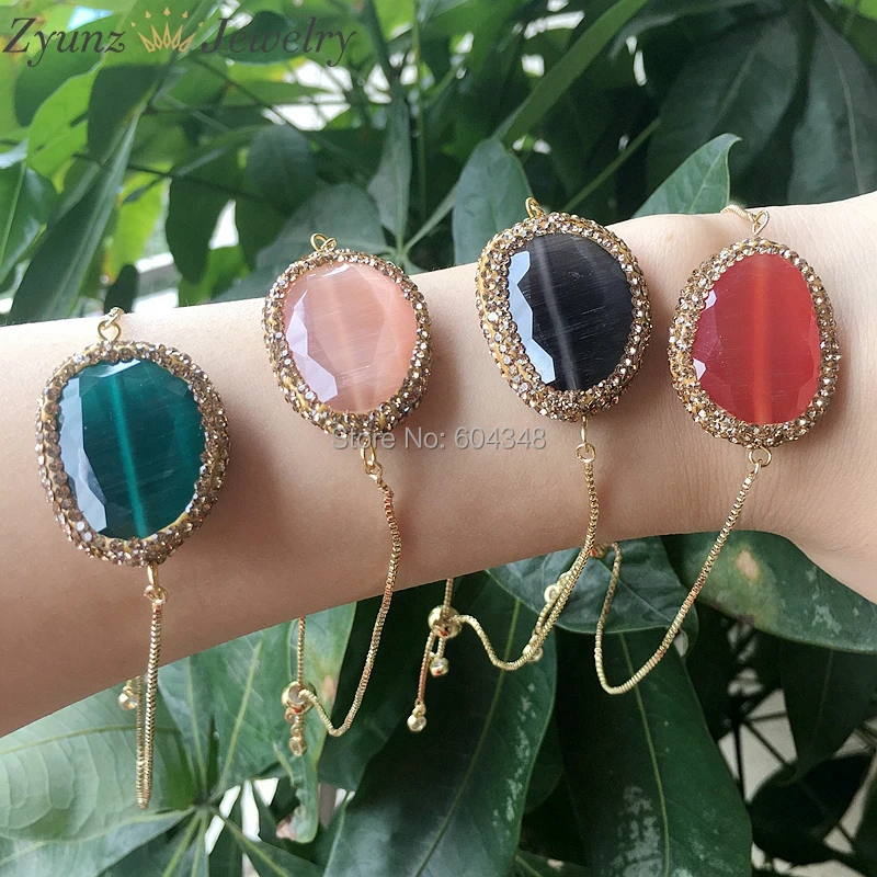 

5 Strands ZYZ304-4963 Mix colors cat eye stone bracelets handmade chain bracelets high quality rhinestone paved stone for women