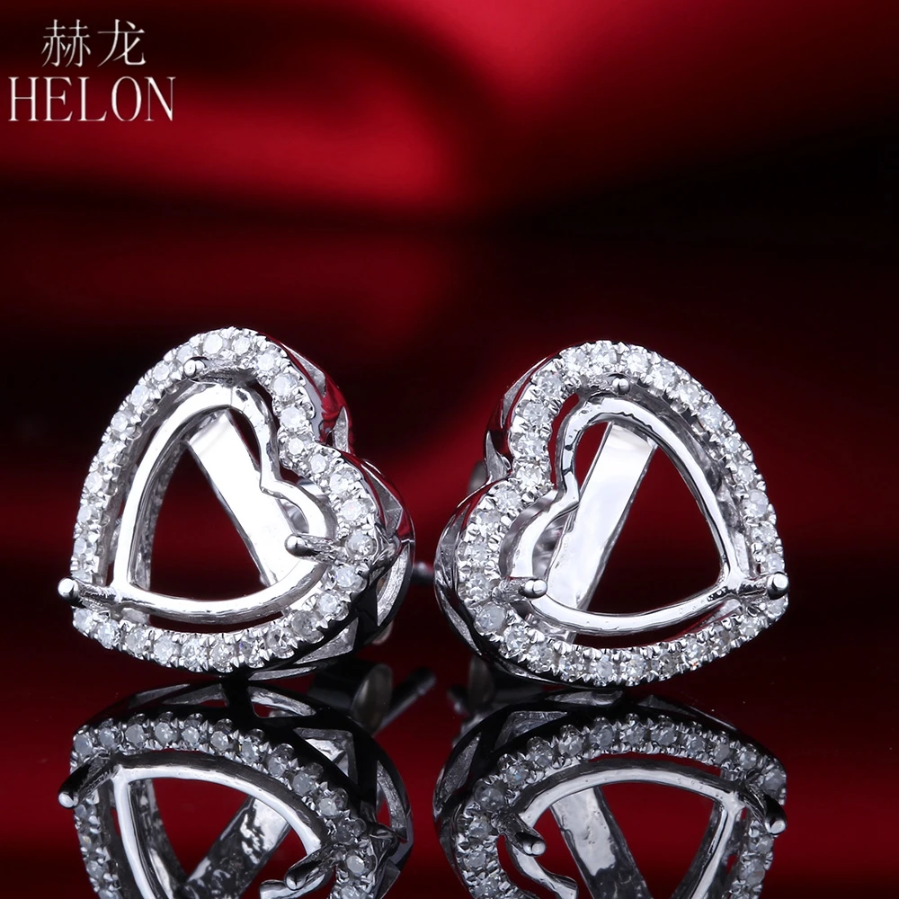 US $250.10 HELON Solid 14K AU585 White Gold SemiMount Pave 023ct Diamond 79mm Heart Cut Engagement Wedding Earrings Women Fine Jewelry