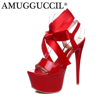 

Plus Big Size 31-48 Black White Red Lace Up Sexy Party Wedding 16CM High Heel Platform Summer Ladies Women Sandals L972