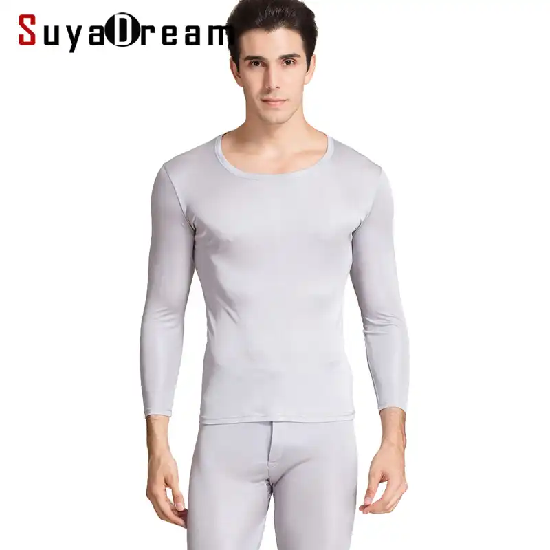 Pure Silk Knit Round Neck Men Underwear Long Johns Set