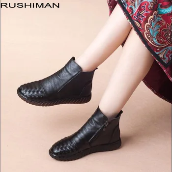 

Soft bottom flat comfortable winter plus velvet Genuine Leather cotton shoes women Ankle Boots non-slip Oxford flat bottom mothe