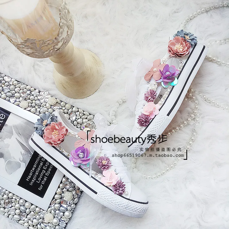 

Canvas Shoes flower gentle shoe tie Strap diamond Casual rhinestone student Big code casual flat shoes small white shoe girl