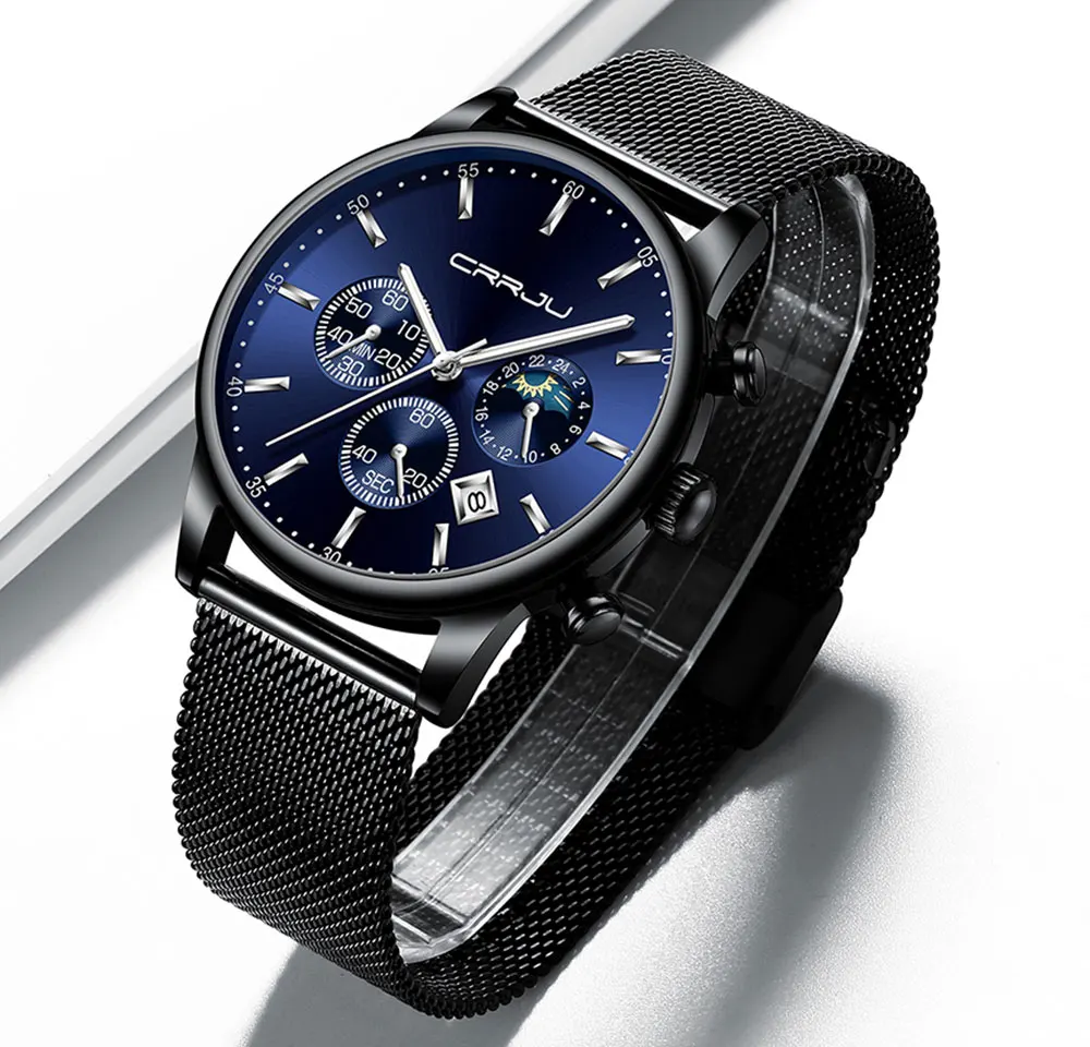 Relogio Masculion CRRJU Men Top Luxury Brand Military Sport Watch Men's Quartz Clock Male Full Stee