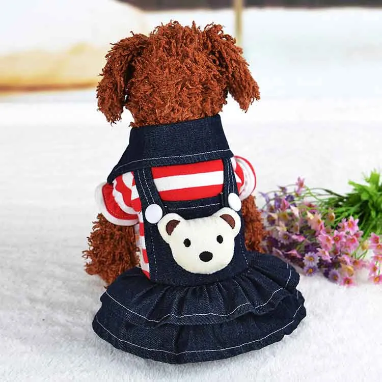 2016 Winter Warm New Dog Dress for Dog Clothes High Quality Jean Pet Clothes Fashion Striped Pets Dogs Princess Dresses Balck Red1