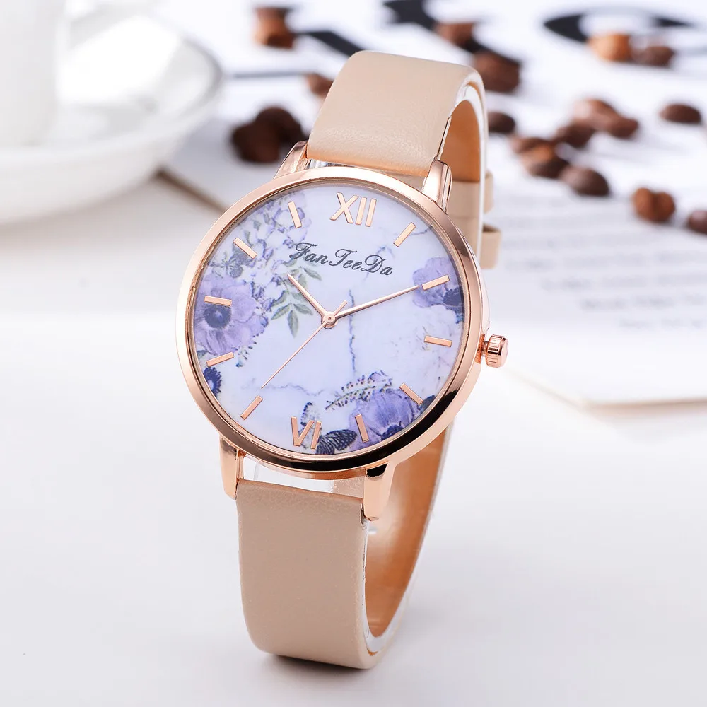 Минимализм женские часы фиолетовый цветочный Циферблат Дамы простые кварцевые наручные часы кожаный ремешок часы Повседневное платье Reloj Mujer# W