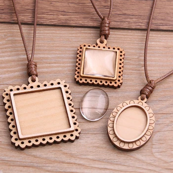 

2pcs 3 style Wood Cabochon Settings Blank Cameo Pendant Base Trays With Leather Cord For Jewelry Making 8E
