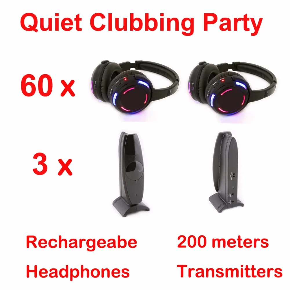 

Professional Silent Disco System Led Wireless Headphones - Quiet Clubbing Party Bundle (60 Headphones + 3 Transmitters)