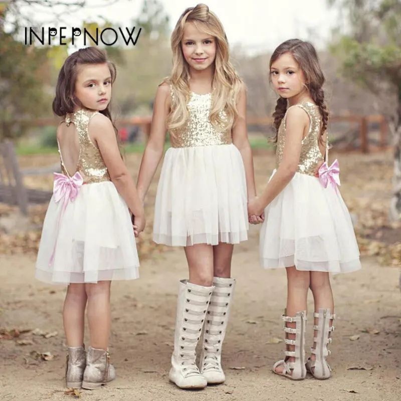 

INPEPNOW Sequin Girls Dresses for Party and Wedding Heart-shaped Open Back Mesh Kid Dresses Princess Dress robe fille LYQ-CZX53