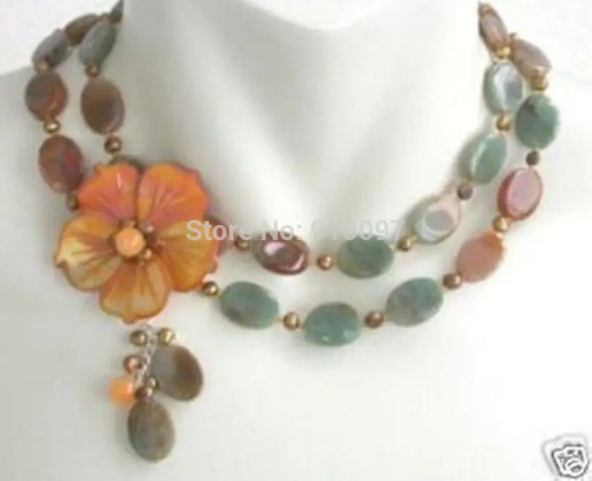 

free shipping >Stylish red green onyx necklace/shell flower clasp
