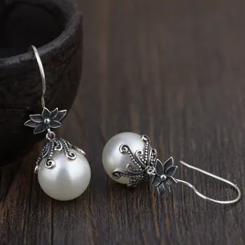 

FNJ 925 Silver Flower Earrings for Women Jewelry Simulate Pearl 100% S925 Sterling Silver boucle d'oreille Drop Earring