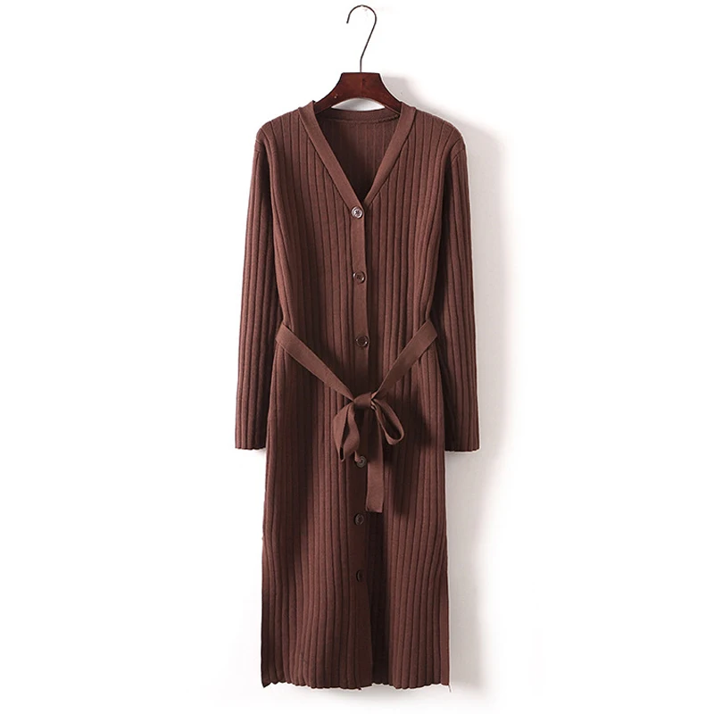 

PERHAPS U black brown knitted sheath bodycon full sleeve long sleeve v neck midi dress button autumn winter sash D0834