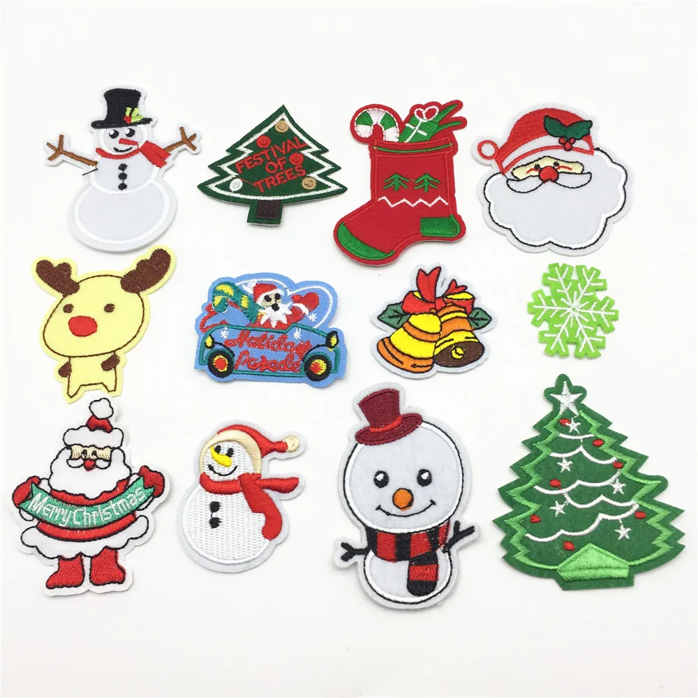 12pcs Mixed Christmas Patches Embroidery Iron On Snowflake Santa Xmas