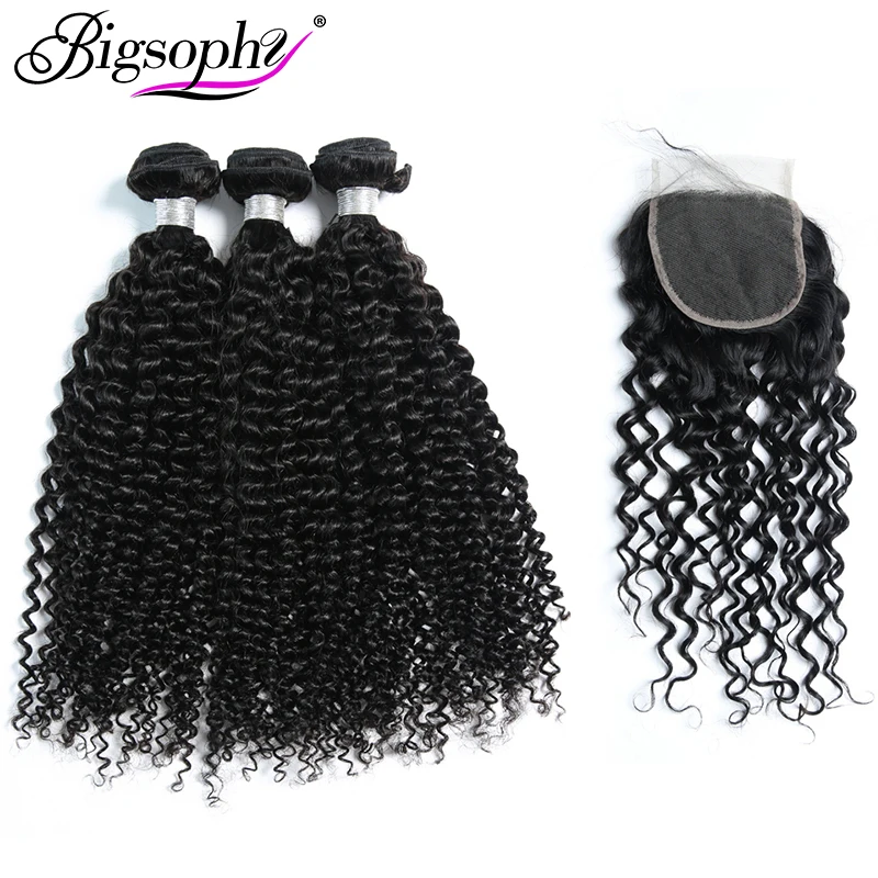 

Bigsophy Mongolian Kinky Curly Hair 3 Bundles With Lace Closure Baby Hair Free/Middle/Three Part /Lot Human 100% Human Remy Hair