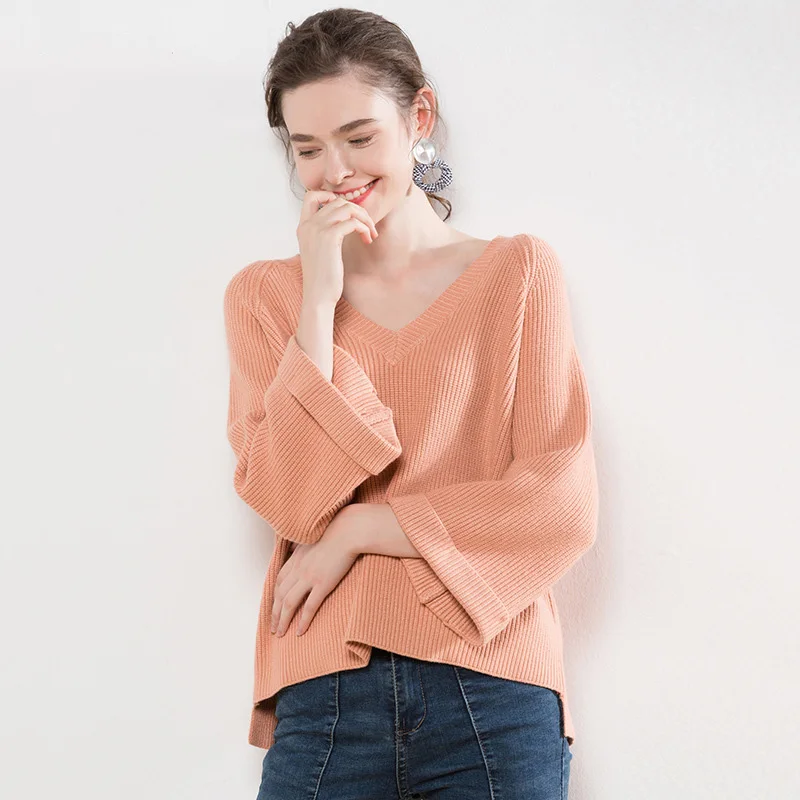 

Loose V-neck Long Sleeve Sweater New Irregular Pullover Bat Knitted Sweater of 2019