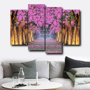 

Laeacco Canvas Calligraphy Painting 4 Panel Pink Flower Trees Wall Artwork Garden Posters and Prints Home Decoration